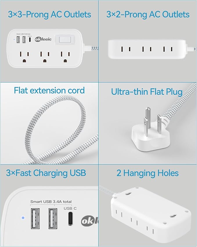 Extension Cord 15 ft - Surge Protector Power Strip Flat Plug with 6 Widely Outlets 3 USB (5V/3.4A 17W) Charging Ports, Multi Plug Wall Outlet Splitter for Home Bedroom Hotel Office Desktop Accessories