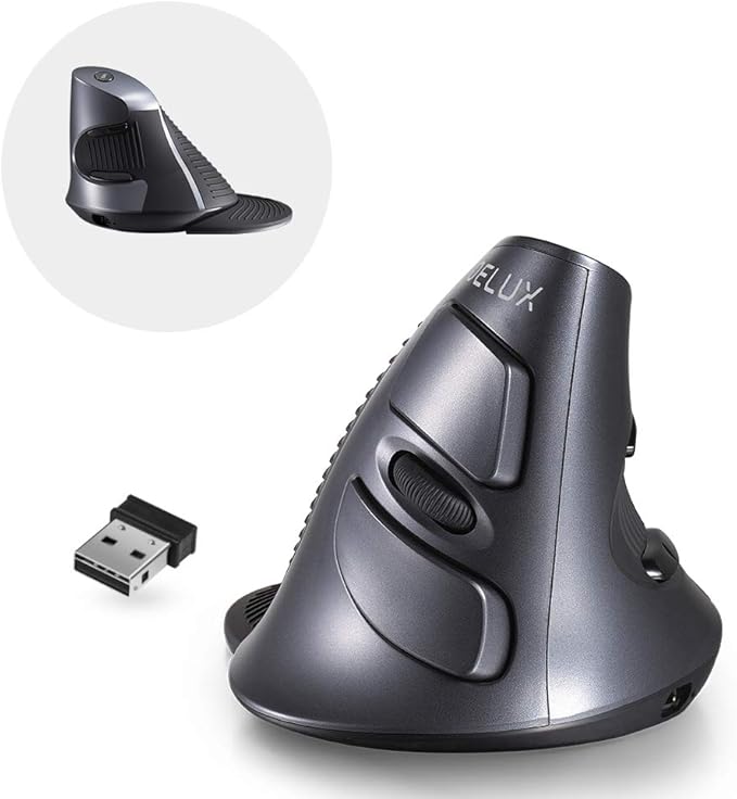 DELUX Ergonomic Vertical Mouse Wireless, Rechargeable Vertical Mouse, Bluetooth/2.4G Dual Mode, Slient Click, Removable Wrist Rest, 800/1200/1600DPI Levels, 6 Buttons, for Laptop/PC (M618G DB-Black)