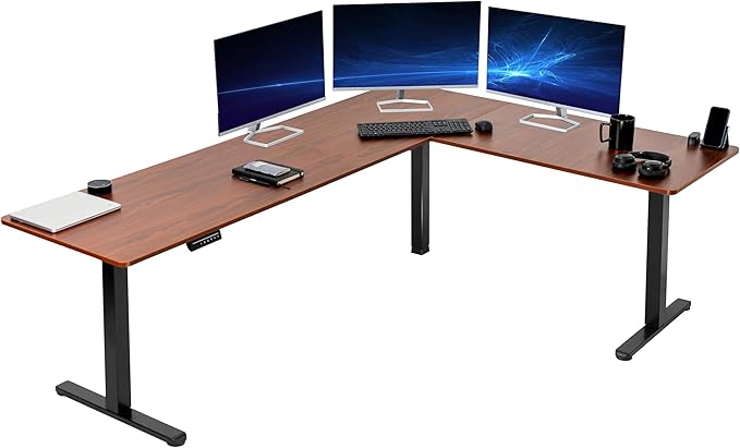 VIVO Corner Standing Desk, 84 x 63 inch Reversible L-Shaped Workstation, Electric Height Adjustment, Home, Office, and Reception Rooms, Dark Walnut Table Top Black Frame, DESK-E3CTBD-84