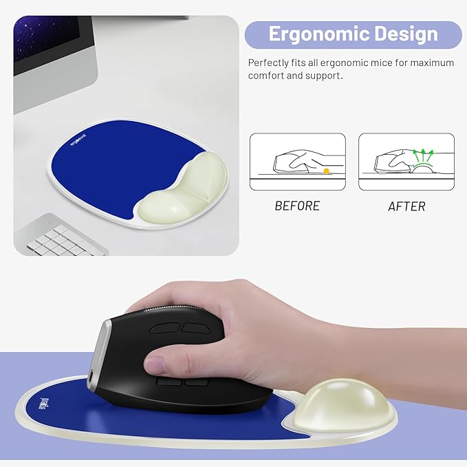 Ergonomic Mouse Pad with Wrist Rest & Elbow Support, Soft Silicone Gel Cushion, Non-Slip Base, Glow-in-The-Dark, Compatible with Vertical Ergonomic Mouse for Office & Gaming (Blue)