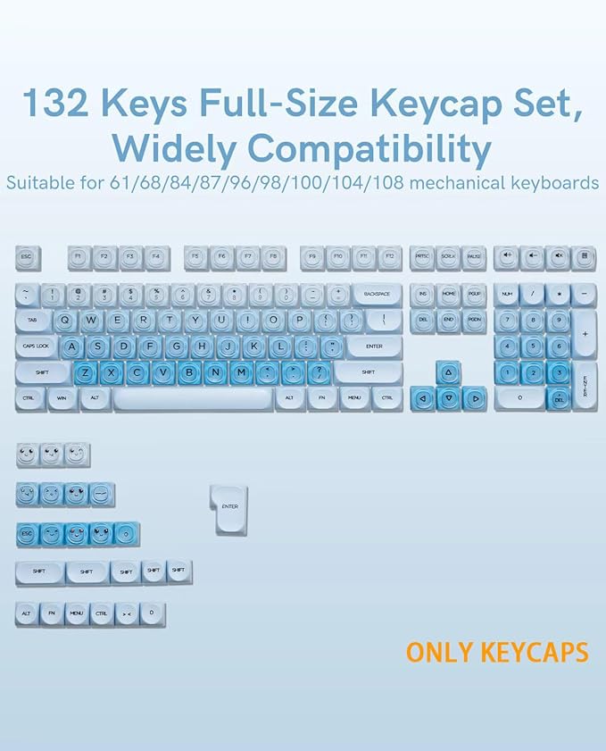 132 Keys PBT Keycaps, Jelly Keycaps Cute Custom Creamy Key caps MOA Profile for 61/68/84/87/98/100 Cherry Gateron MX Mechanical Keyboards, Blue