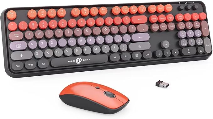 Wireless Keyboard Mouse Combo,Typewriter Cute Retro Style,104 Round Key Colorful Keyboard with Number Pad,Letton Full Size Keyboard Mouse with 3 DPI for PC Laptop Computer-Black Orange