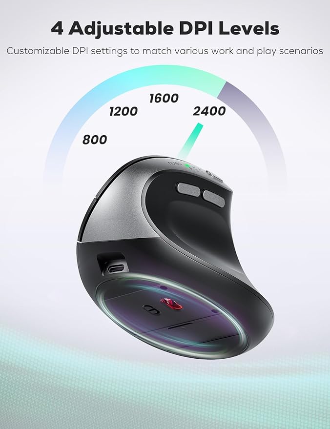 Nulea MD280 Ergonomic Vertical Wireless Mouse - Bluetooth & 2.4G Dual Mode, 4 Adjustable DPI 800/1200/1600/2400, Rechargeable, Silent Clicks, No Lag, 6 Buttons - Perfect for Laptop, Desktop Black