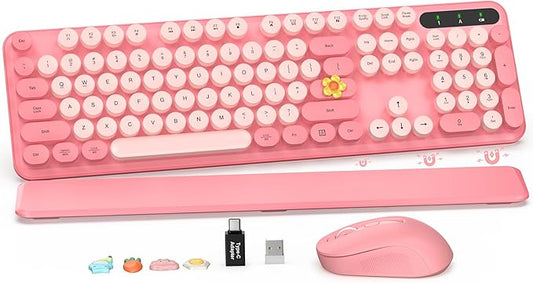 Wireless Keyboard and Mouse Combo, Cute Full-Size Retro Typewriter Keyboard with Round Keycaps, Magnetic Wrist Rest, Tilt Legs, 2.4GHz Cordless for Mac, Windows PC, Laptop, SABLUTE CK23, Baby Pink