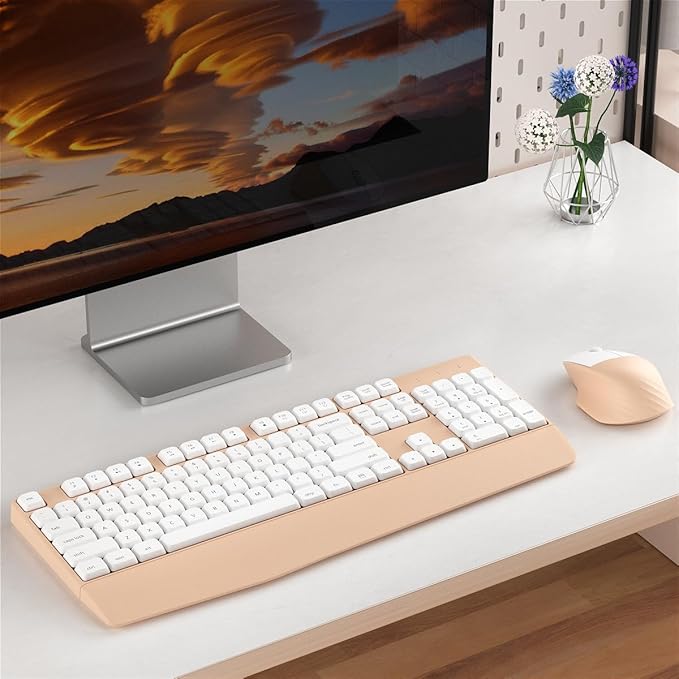 Wireless Keyboard and Mouse Combo, Ergonomic Keyboard with Wrist Rest, 2.4Ghz Wireless Connection, Compatible with PC/Laptop/Windows/Mac for Home and Office Use (White Milk Tea)