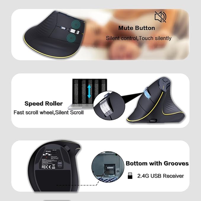 JOMAA Ergonomic Wireless Bluetooth Vertical Silent Mouse, Rechargeable with Backlight and Fast Scrolling, Suitable for Laptop,Desktop,PC,MacBook