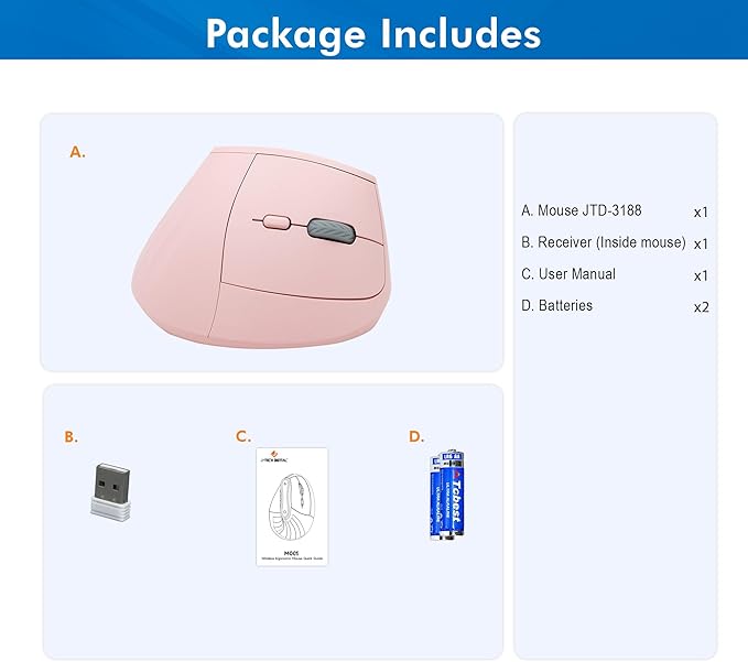 J-Tech Digital Wireless Mouse, Vertical Ergonomic Mouse with 2.4G Wireless & Bluetooth for 3 Multi-Device Function, Adjustable DPI Modes, Compatible with PC, Mac, Laptop - Pink