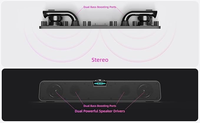 Computer Speakers Soundbar for Desktop PC Mac, USB Plug-in, Wired, External Speakers for Laptop Desk Monitor, RGB Gaming Sound bar with HD Stereo Loud Sound, Punchy Bass, Volume Knob, USB C Adapter