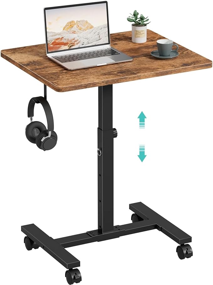 Small Portable Standing Rolling Desk - 24 Inch Mobile Stand Up Desk Adjustable Height on Wheels for Small Spaces, Couch Kids Laptop Desks End Side Table, Teacher Podium for Classroom, Rustic Brown