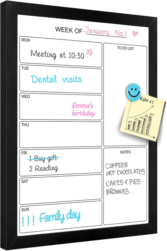 Weekly Dry Erase Whiteboard Calendar, 15.7"x11.8" Magnetic Surface Memo Board, Minimal Design Weekly Planner for Wall, Black Wood Frame Dry Erase Board for Office School Home(ZLBB-S-BK-3040)