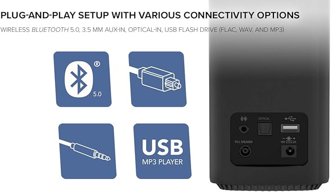 Creative T100 2.0 Compact Hi-Fi Speakers, up to 80W Peak Power with Bluetooth 5.0, Optical-in, AUX-in, Wide Soundstage and Audio Clarity with Bass Control for Computers and Laptops (Black)