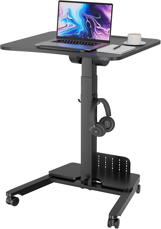 BONTEC Mobile Standing Desk Adjustable Height, Rolling Laptop Cart with Storage Shelf, Hooks, Portable Workstation with Pneumatic Lift, Ergonomic Compact Home Office Desk, Black 23.6" x 20.5"
