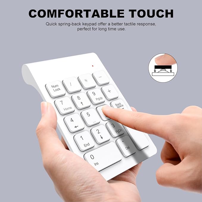 TRELC Wireless Numeric Keypad, Mini 2.4G 18 Keys Number Pad, Portable Silent Financial Accounting Numeric Keypad Keyboard Extensions with Wireless Mouse for Laptop, PC, Desktop, Notebook (White)