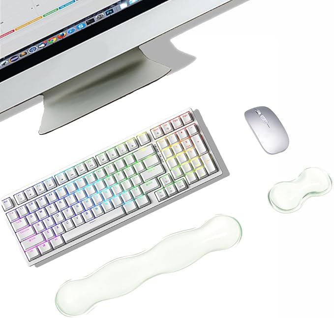 Transparent Light Green Ergonomic Wrist Rest Set - Clear Silicone Gel Keyboard & Mouse Pad with Non-Slip Base, 14.3"+5.75" Dual-Size for Office, Gaming & Study, Washable Pain Relief Design