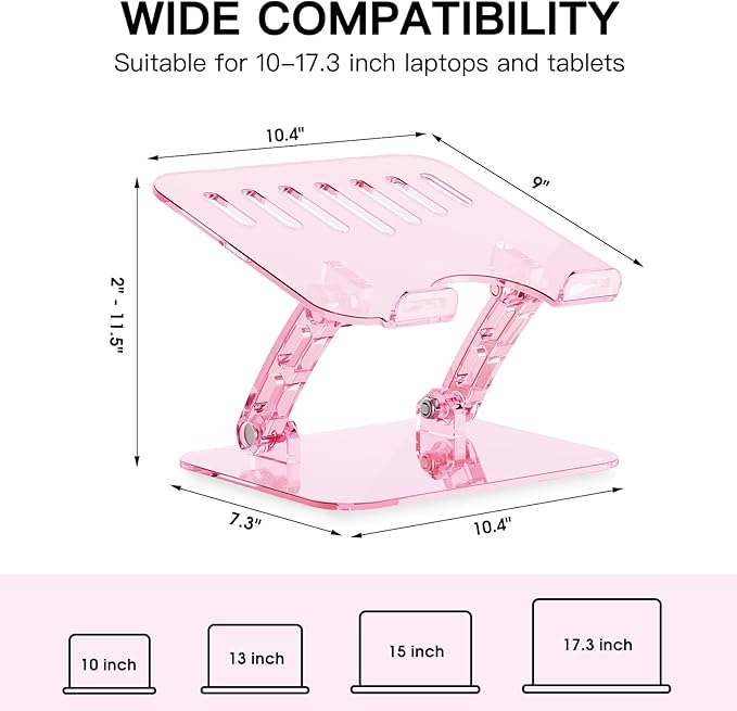 Pink Acrylic Adjustable Laptop Stand,Adjustable Height Foldable Laptop Riser for Desk, Clear Portable Laptop Holder Ergonomic Computer Stand,Compatible with 10-17.3” Laptops (Pink)