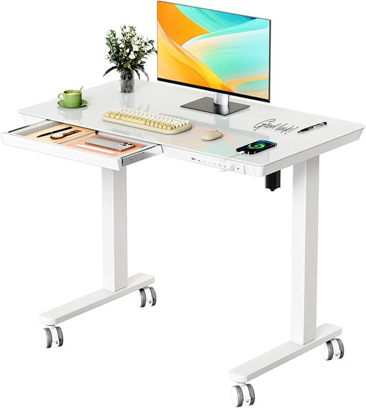 Glass Small Standing Desk with Drawer, 35" x 20" Whole Piece Electric Sit Stand Table, Height Adjustable Desk with Storage & USB Ports, Quick Install Home Office Computer Desk, White
