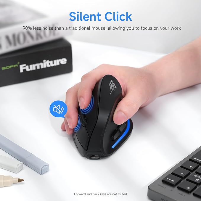 ECHTPower Ergonomic Wireless Mouse, Bluetooth Vertical Mouse with LED Light, Control Up to 3 Devices (BT5.0+BT5.0+2.4GHz), Adjustable DPI 2400/1600/1000, for PC, Laptop, Mac, Windows