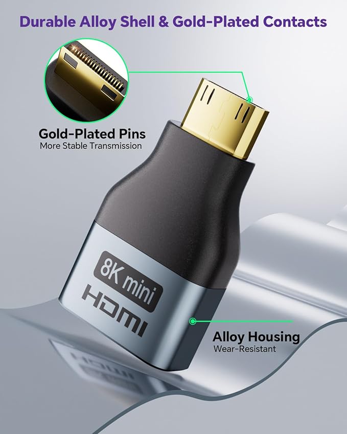 VCE Mini HDMI to HDMI Adapter, 8K@60Hz/4K@120Hz UHD Converter with Gold-Plated Connectors and Alloy Housing 48Gbps HDMI 2.1 for Camera, Tablet, Laptop to TV, Monitor, Projector
