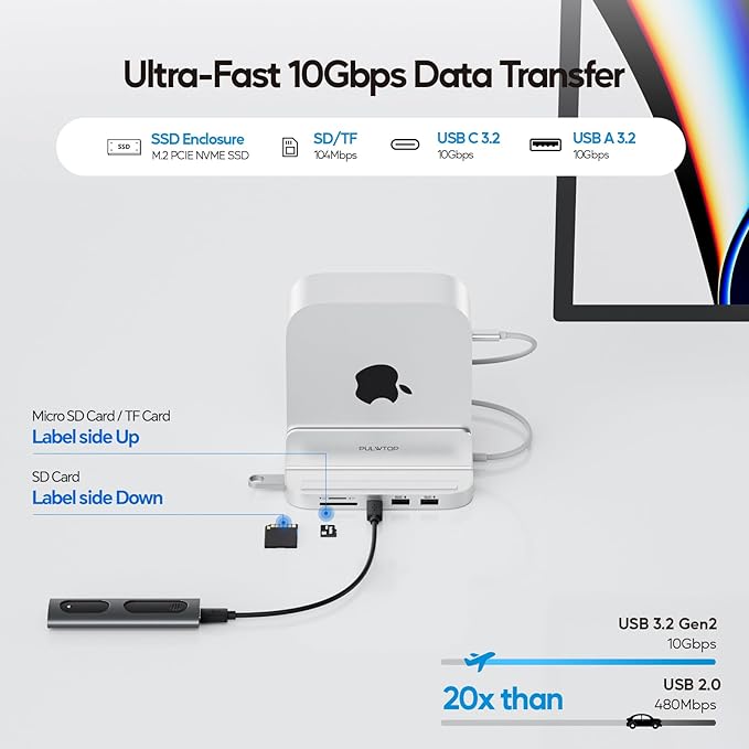 Mac mini M4 Dock with 4TB M.2 SSD Enclosure, 8-in-1 Aluminum Vertical USB-C Hub for Mac mini M4 Pro Hub Stand with USB-A/C 3.2 10Gbps, 2xUSB-A 2.0, 3.5mm Audio, SD/TF (SSD NOT Included)