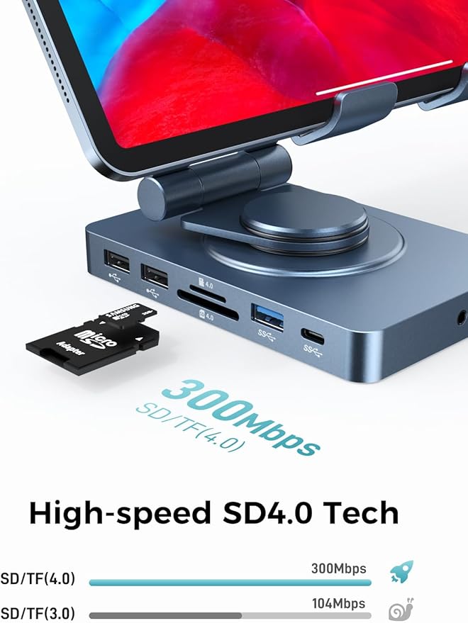 NEWQ iPad Docking Station Stand, 11-in-1 Adapter with 4K@120Hz HDMI, 10Gbps USB Ports, SD/TF 4.0 Reader, RJ45, Audio, for Tablets, Steam Deck, ROG Ally, Legion Go, Msi Claw(with 65W Adapter)