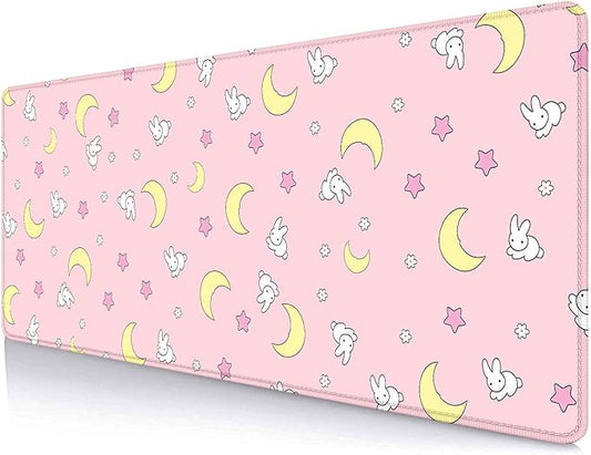 IMAYONDIA Pink Kawaii Desk Pad, Cute Moon Bunny Desk Mat Computer Pad Desktop,Laptop Protector Aesthetic Anime Mousepad Writing Pad for Office Home School,Large Gaming Mouse Pad Tarot Mat,31.5 X 11.8