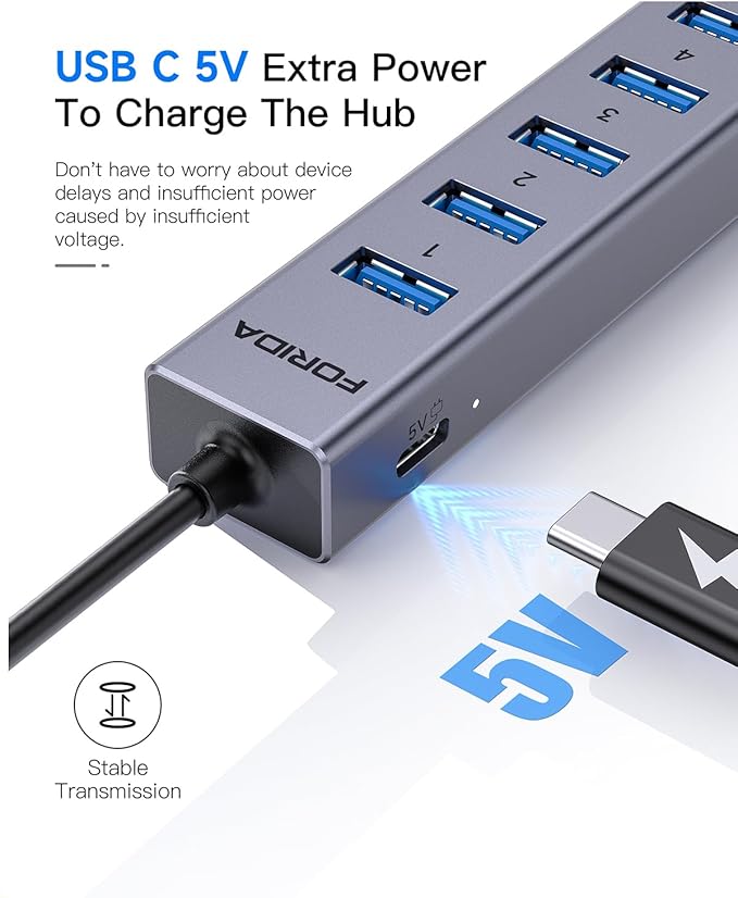 FORIDA Aluminum USB to Ethernet Adapter with 7-Port USB Hub – 3.9ft Long Cable, Gigabit Ethernet Port, 5V/3A Power Port | USB Extender Compatible with Windows, macOS, Linux & More