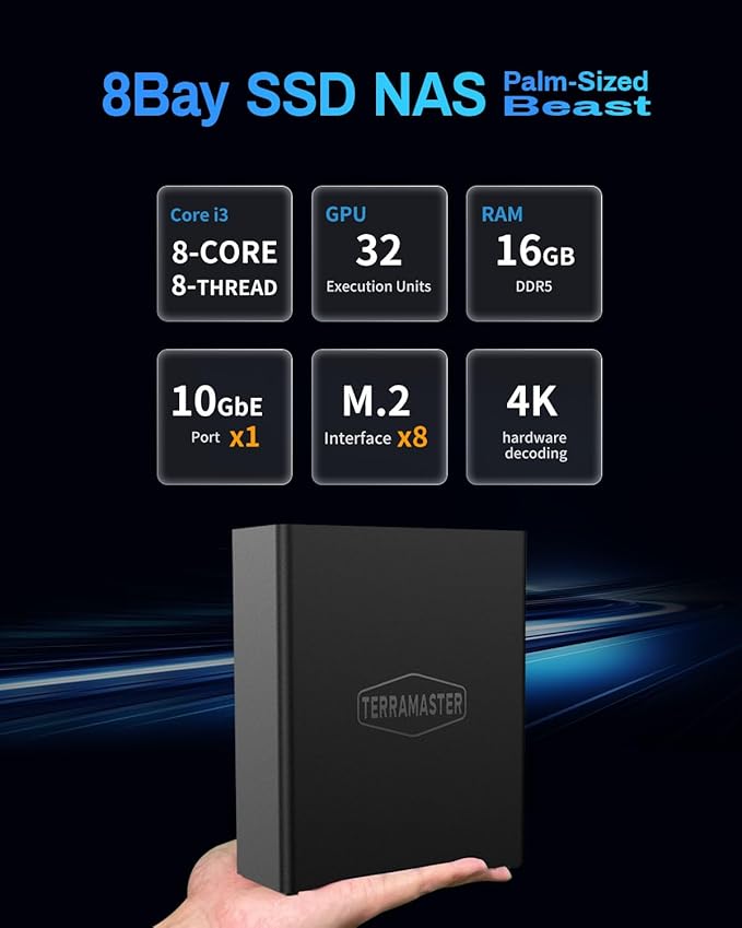 TERRAMASTER F8 SSD Plus NAS - 8Bay All SSD NAS Storage Core i3 8-Core 8-Thread CPU, 16GB DDR5 RAM, 10GbE Port, 8 Heat Sinks Included, Palm-Sized Network Attached Storage Peak Performance (Diskless)