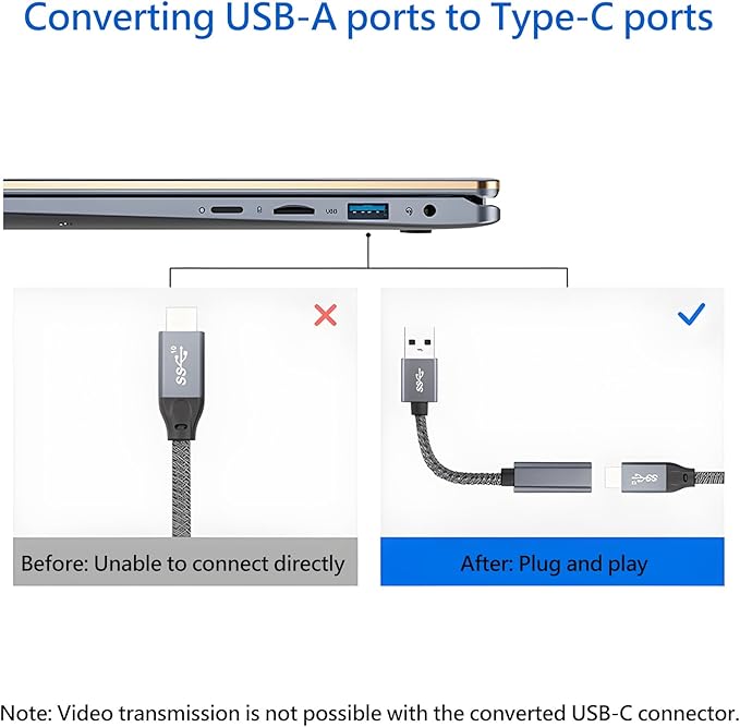 USB to USB C Cable Adapter – 10Gbps High Speed USB 3.2 Converter Data Transfer 60W Fast Charging, Compatible with Laptops, PCs, Flash Drives (1.65 ft, Grey)