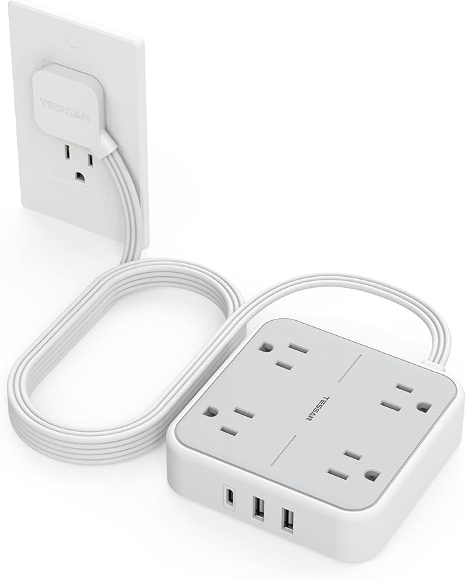 Extension Cord 10 ft, TESSAN Surge Protector Power Strip Long Cord with 3 USB(1 USB C) 4 Outlets, 900 Joules Protection, Small Desktop Multiple Charging Station for Home School Dorm Room Office, Grey