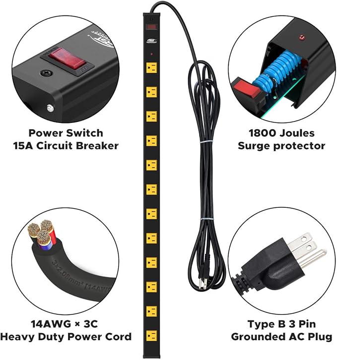 CRST Heavy Duty Surge Protector Power Strip Wide Spaced 12-Outlet 15 Feet Long Extension Cord with Mounting Brackets 15A Circuit Breaker 1800 Joules…
