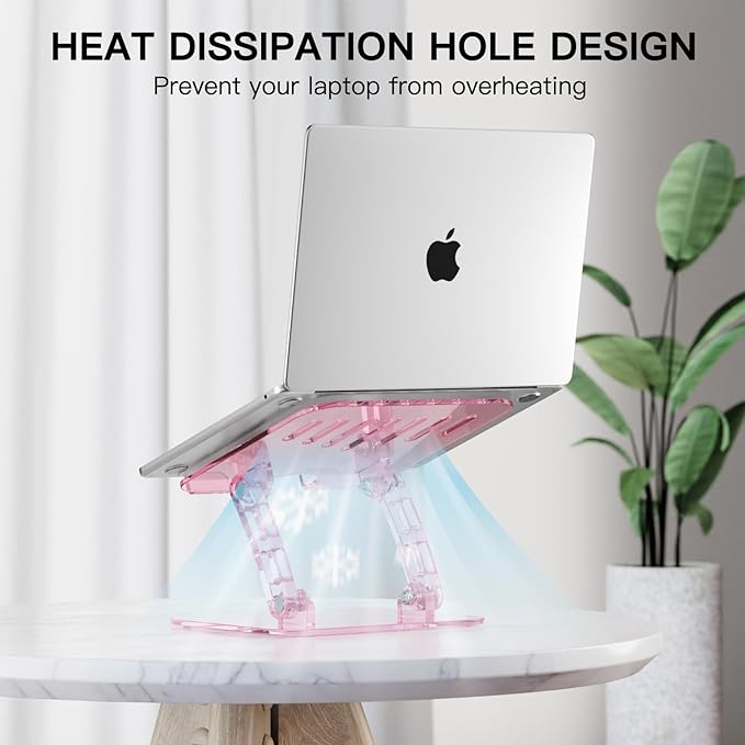 Pink Acrylic Adjustable Laptop Stand,Adjustable Height Foldable Laptop Riser for Desk, Clear Portable Laptop Holder Ergonomic Computer Stand,Compatible with 10-17.3” Laptops (Pink)