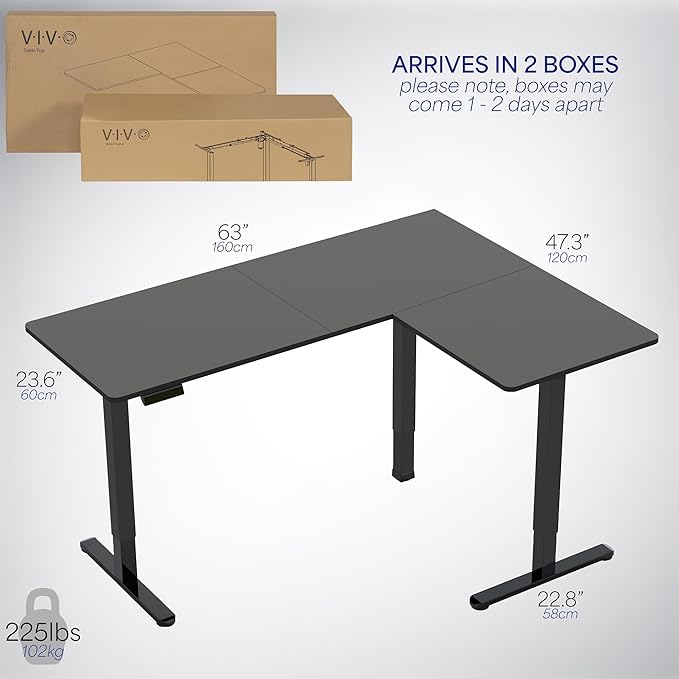 VIVO Corner Standing Desk, 63 x 47 inch Reversible L-Shaped Workstation, Electric Height Adjustment, Home, Office, and Reception Rooms, Black Table Top Black Frame, DESK-E3CTB-47