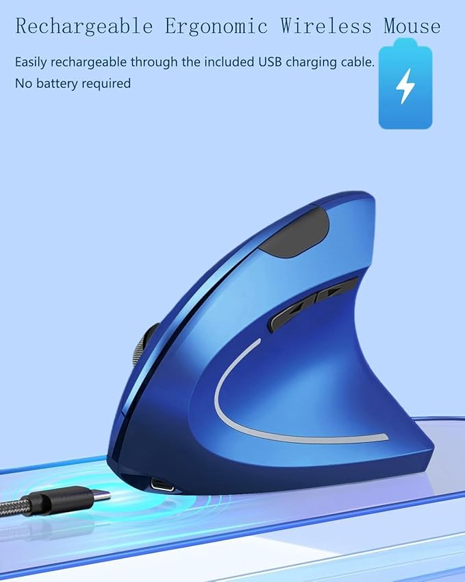 Ergonomic Mouse, Vertical Wireless Mouse 2.4G Rechargeable Optical Vertical Mouse High Precision Optical Mouse Adjustable800/1200/1600 DPI 6 Buttons, for Laptop etc, Blue,Specially for Right-handers
