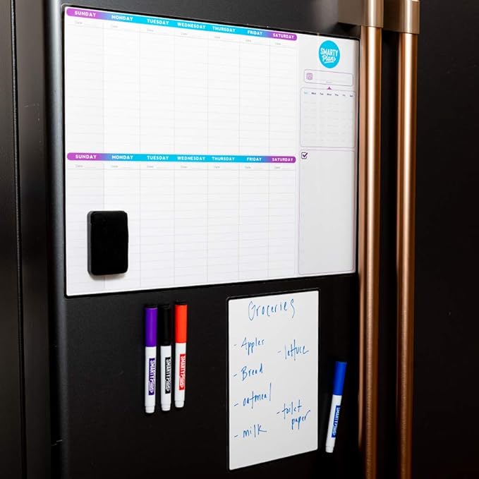 Dry Erase Weekly Extra Thick Magnetic Calendar for Refrigerator: 17x13 Two Week Planner and 6x9 White Board, 4 Fine Tip Markers and Eraser with Magnets. Stain Resistant. Shipped Flat.