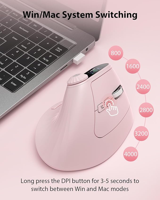 Transformers Vertical Ergonomic Mouse with LED Screen & Knob Control, Rechargeable Vertical Mouse Wireless, 3-Device Connectivity (2.4G + Dual Bluetooth), Computer Mice for PC/Mac/Laptop, Pink