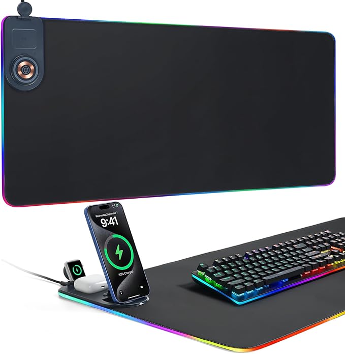 ELUTENG Mouse Pad with Phone Holder 4in1 Wireless Charging Desk Mat RGB Ultra-Smooth Gaming Mousepad Waterproof Home Office Large Desk Pad 31.5"x11.81" Large Desk Pad Non-Slip Base Keyboard Pad