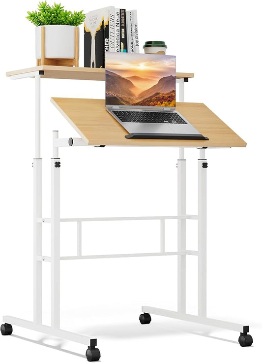 Athena Collection Height Adjustable Rolling Desk Mobile Portable Laptop Stand Cart Small Sit Standing Desk Computer Table Workstation for Home Office, Natural