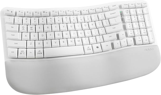 Nulea RT08 Wave Keys Wireless Ergonomic Keyboard with Cushioned Palm Rest, 2.4GHz Ergo Cordless USB Computer Keyboard, Comfortable Natural Typing, for Laptop, Mac, Windows (White)