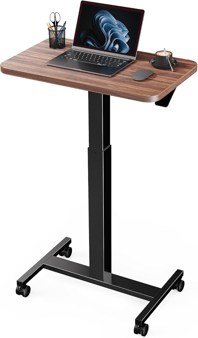 Marsail Mobile Standing Desk, Wider Height Adjustable Computer Desk, Rolling Sit Stand Desk with 4 Lockable Wheels, Desk for Home Office and Classroom, Walnut
