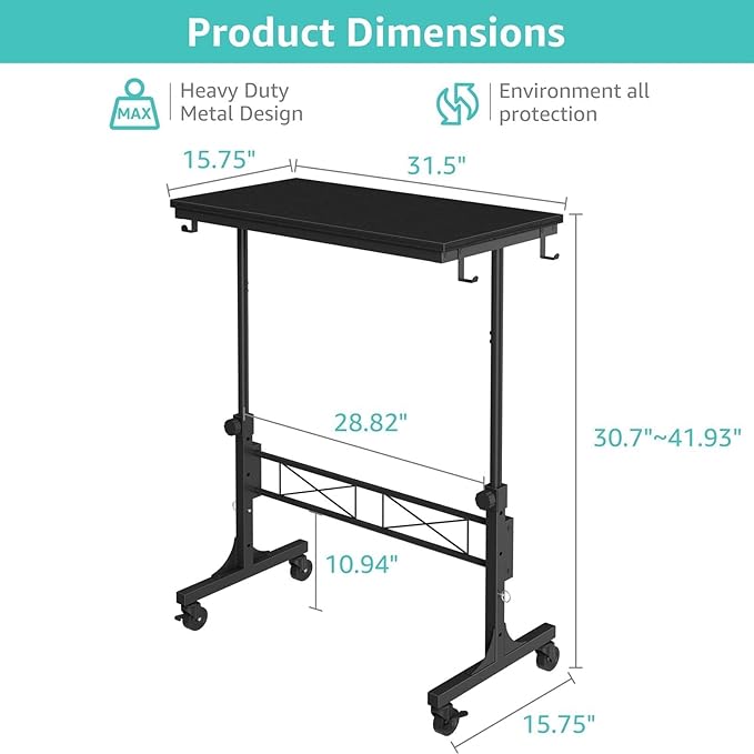 Small Portable Rolling Standing Desk - 32 Inch Adjustable Height Mobile Teacher Podium on Wheels for Classroom, Stand Up Desks for Treadmill Walking Pad, Couch Sofa Side Laptop Table, Black