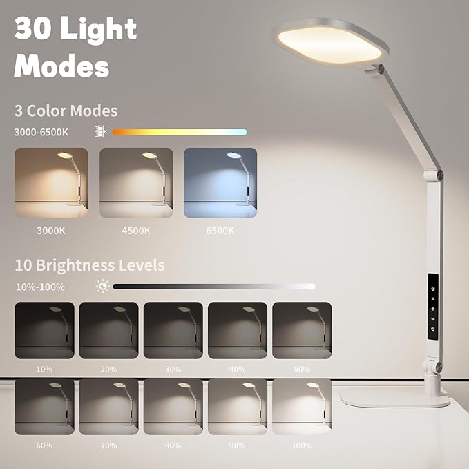 LitONES LED Desk Lamp for Home Office – Professional Eye-Caring Soft Diffused Light, Dimmable Desk Lamp with Adjustable Metal Swing Arm, Memory & Timer, Modern Anti-Glare Table Lamp
