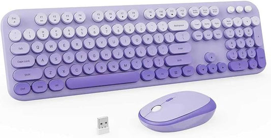 Wireless Keyboard and Mouse Combo, 2.4GHZ Typewriter Retro Full Size Keyboards, Cute Colorful Computer Keyboard and Wireless Mouse for Laptop/Desktop/Windows/PC (Purple Gradient)