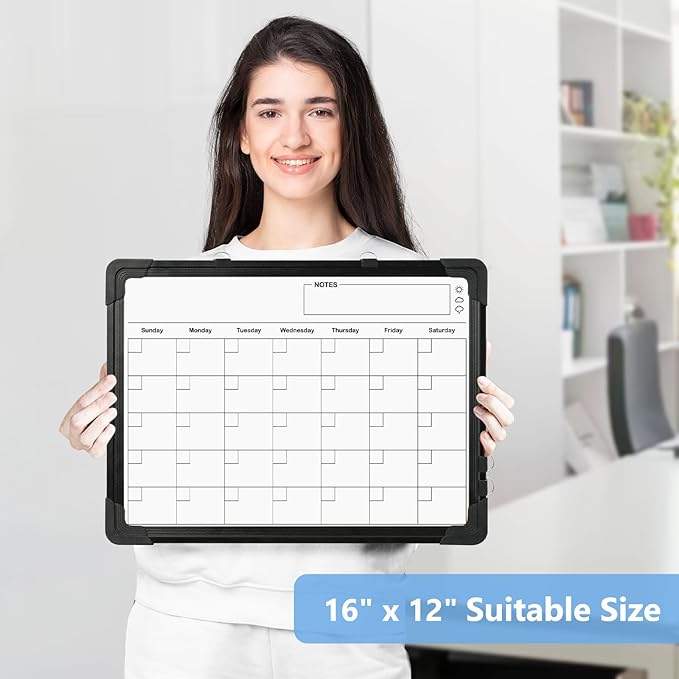 Double-Sided White Board Calendar, 16" x 12" Black Dry Erase Calendar Whiteboard Calendar for Wall Magnetic Hanging Calendar Whiteboard for Drawing, Kitchen, Planning, Memo, Home, Office
