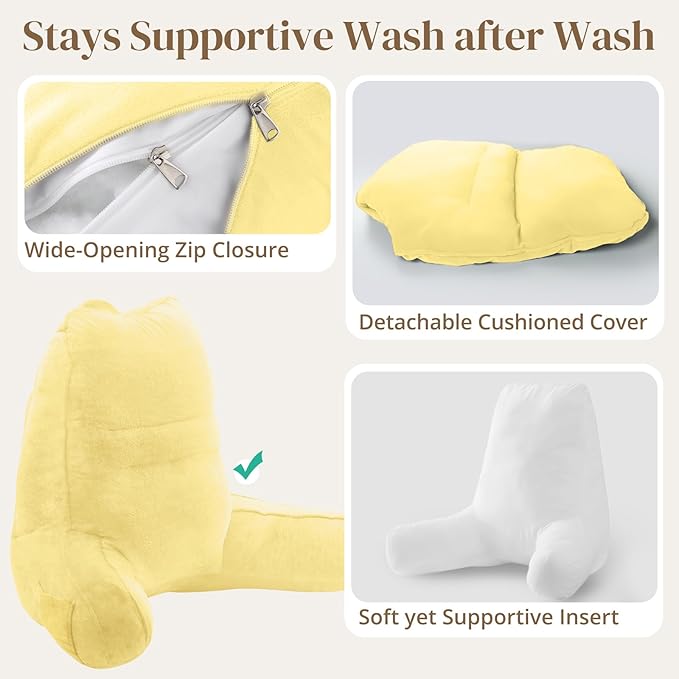 Sasttie Reading Pillow, Pillows for Reading or Relaxing – Ergonomic Support for Head, Neck, Back, and Lumbar, 23-Inch, Light Yellow