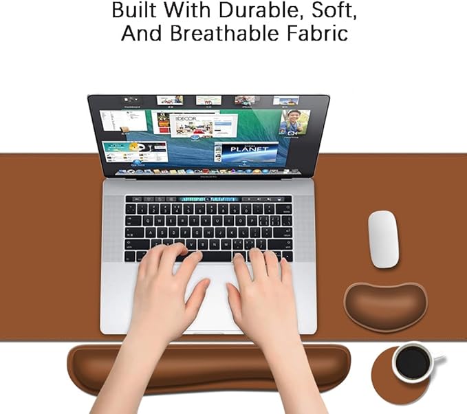 Desk Mat, Large Gaming Mouse Pad with Wrist Rest, 4 in1 XXL Mouse pad+Keyboard Wrist Rest+Mouse Pad Wrist Support+Cup Coaster Set, Ergonomic Desk Pad for Home Office, Coffee Brown