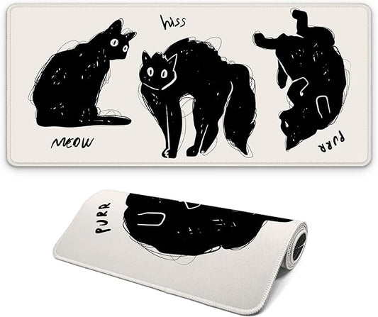 Funny Cute Cat Gaming Mouse Pad with Non-Slip Rubber Base, Large Anime Mousepad with Stitched Edges, Long Keyboard Mat for Home and Office, 31.5 x 11.8 inches (Funny Black Cat)