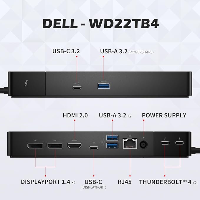 WD22TB4 Dell Docking Station, Performance Dock WD22TB4, 180W Adapter + 130W Power Delivery, Support Dual/Triple Monitor & 4K Displays, with Fkafusion Tech HDMI and DP Cable, New - 3 Year Warranty
