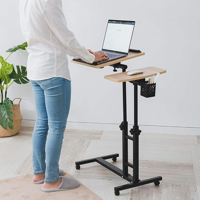 Adjustable Overbed Laptop Table Tilting Top with Mouse Pad, Height Adjustable Rolling Bedside Desk with Wheels for Home, Hospital, Sofa Use - Dark Blond Wood