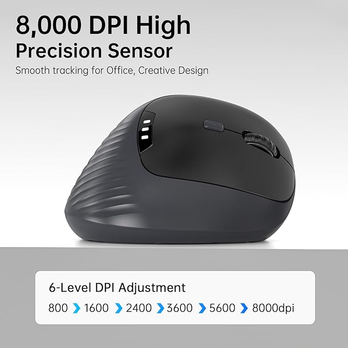 Ergonomic Vertical Wireless Mouse, 8,000 DPI Rechargeable Mouse with Triple-Mode Connection(2.4G+Bluetooth), 70g Lightweight Quiet Click Mouse with Battery Indicator for Laptop, PC, Mac Matte Black