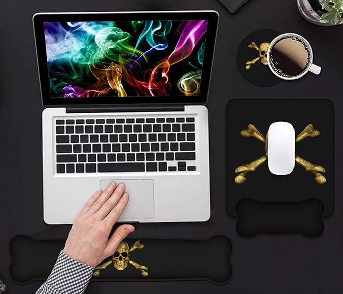 Wrist Rest Support Ergonomic Gel Mouse Pad & Memory Foam Keyboard Set, Non-Slip Rubber PU Base for Home Office Working Studying Easy Typing & Pain Relief, Skull